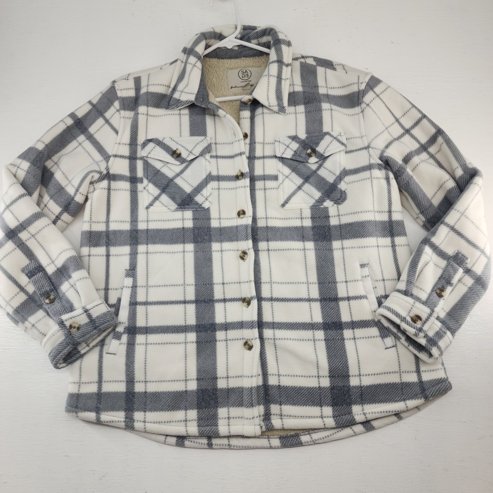 Sage Collective Large | White Gray Plaid Sherpa Lined Fleece Shacket Jacket